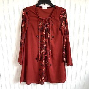 Taylor & Sage Womens XSmall Rust Rose Floral Long Sleeve Dress Lace Up Tie Front